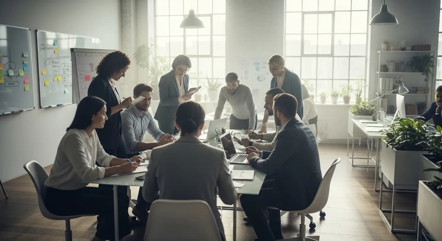 Diverse team members collaborating in a modern workspace